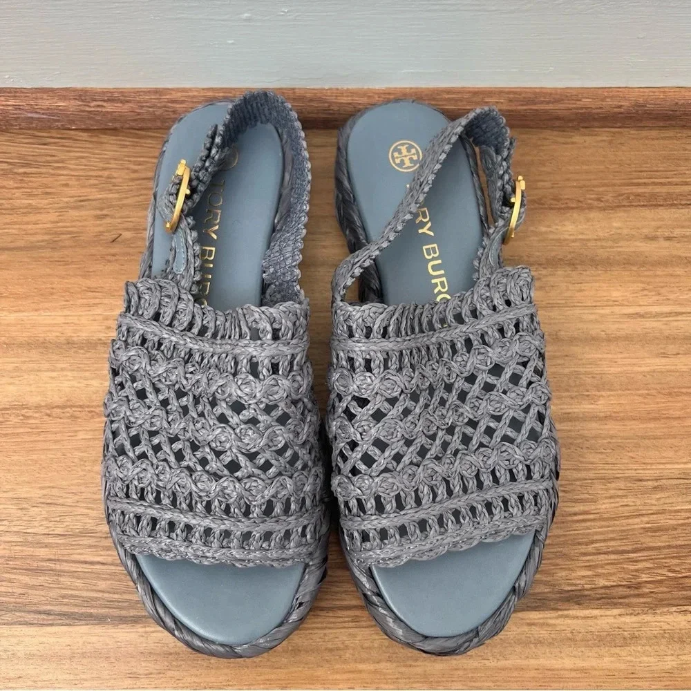 Tory Burch Raffia Canvas Crochet Trim Platform Slingback Espadrilles Sandals